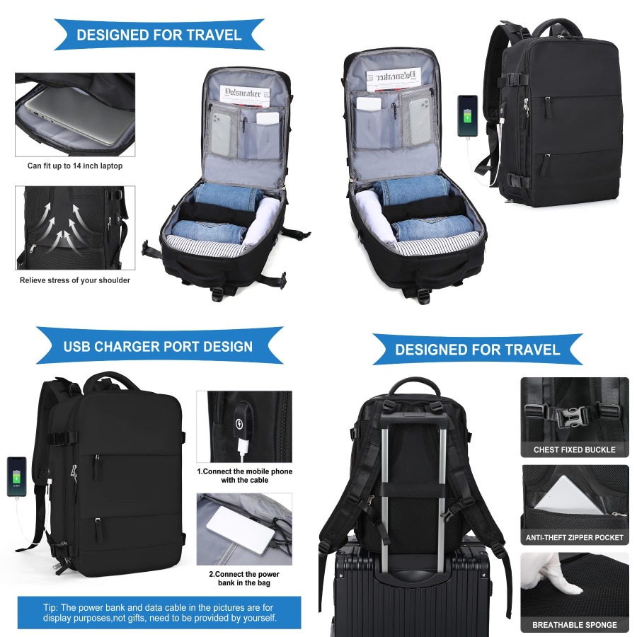 Women'S Bags For Work - 【New Arrival】Black Travel Backpack with USB